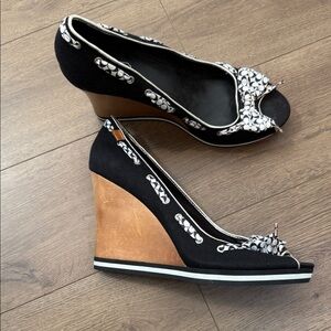 Coach Black and Brown Wedges with Patterned Trim